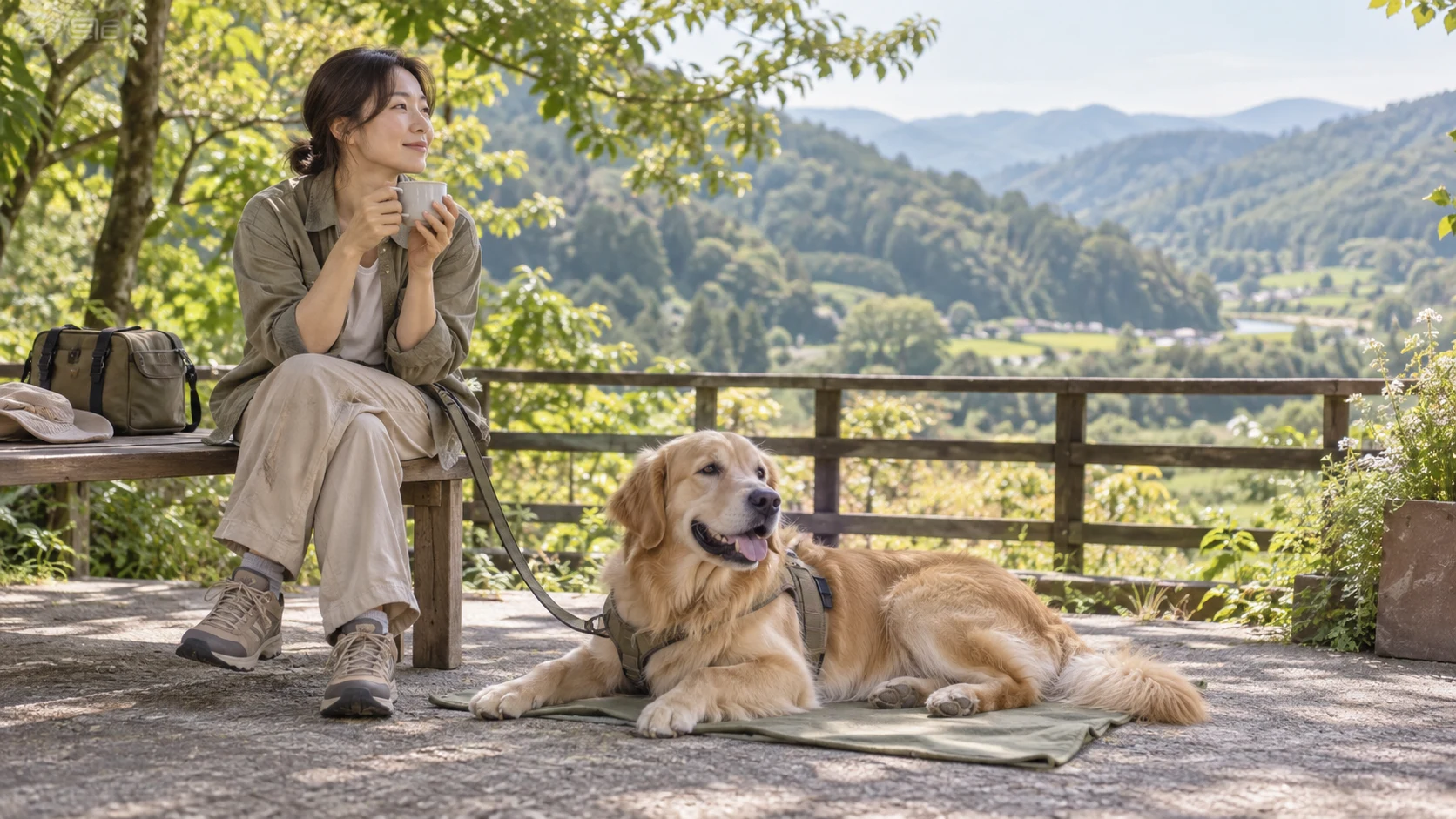 旅先で飼い主のそばのマットに伏せて休む大型犬